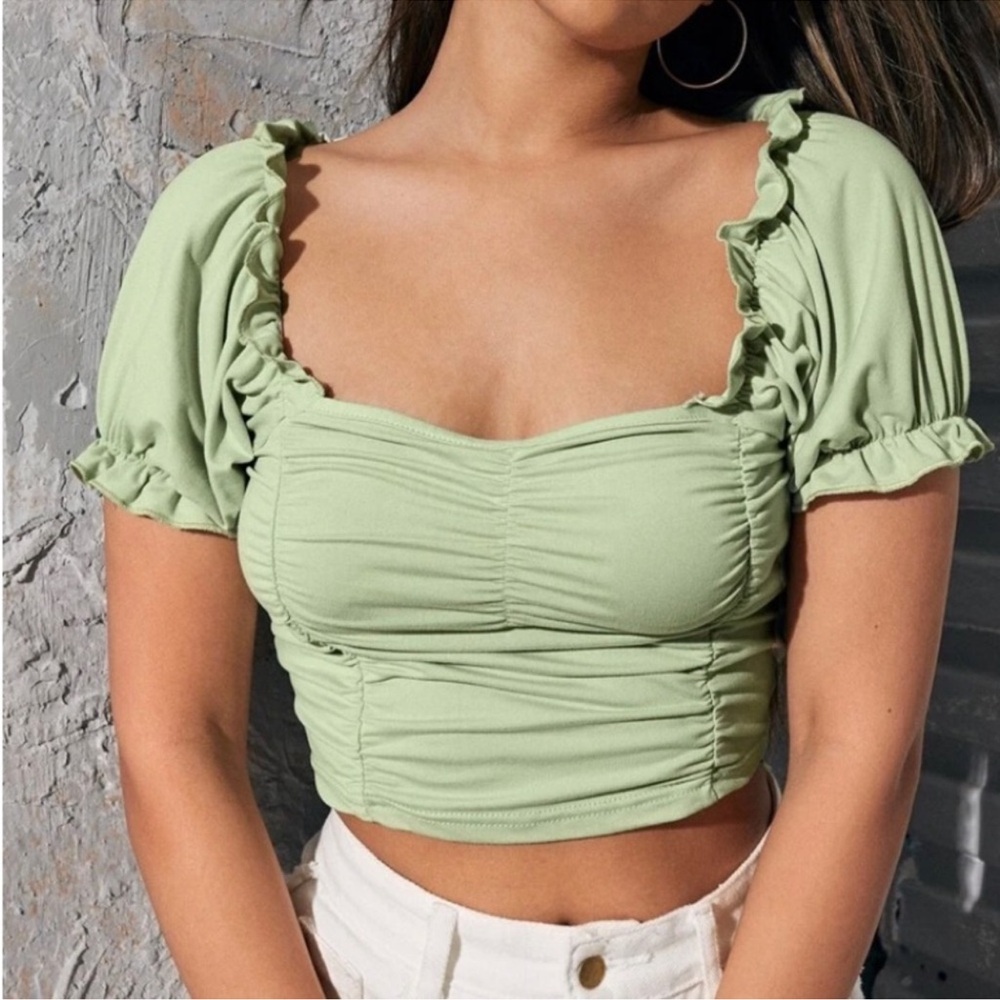 Green Ruched Puff Sleeve Top